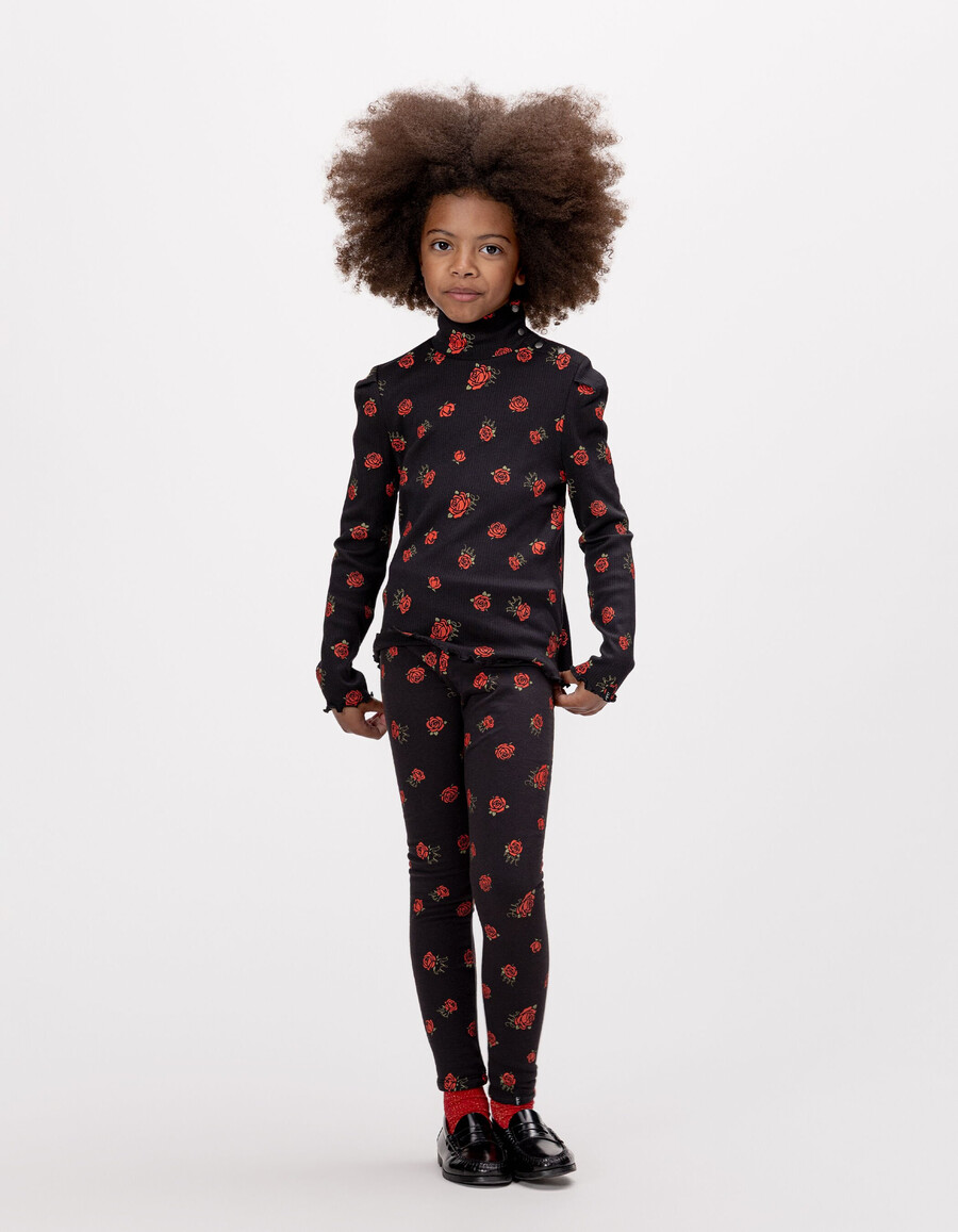 zwart geribbeld t-shirt met lange mouwen voor meisjes met rozenprint