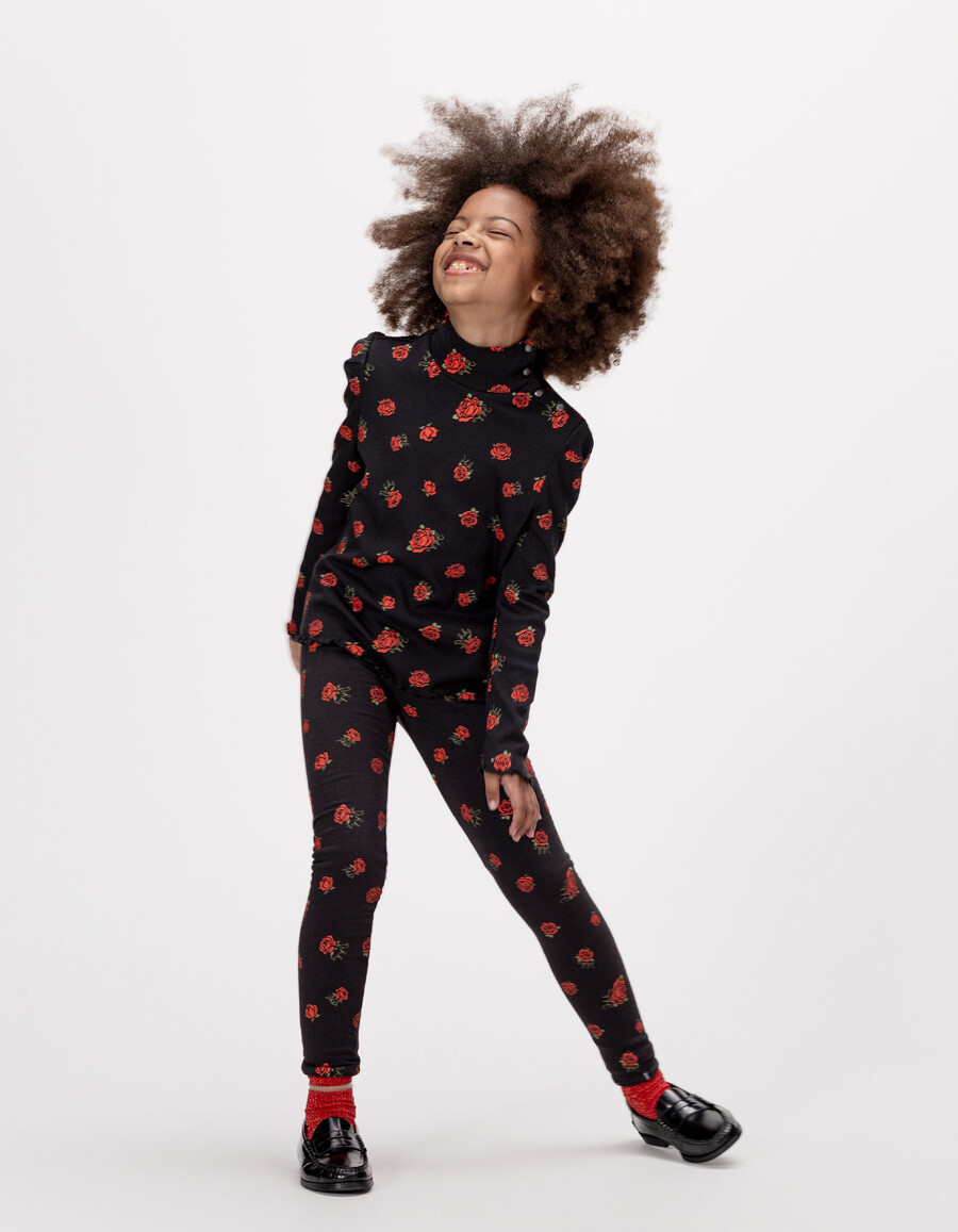 zwart geribbeld t-shirt met lange mouwen voor meisjes met rozenprint