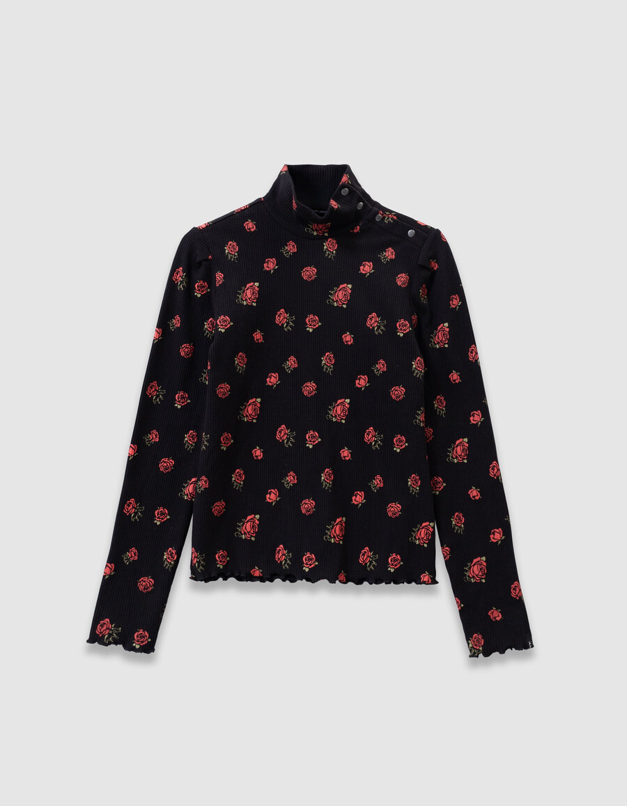 zwart geribbeld t-shirt met lange mouwen voor meisjes met rozenprint