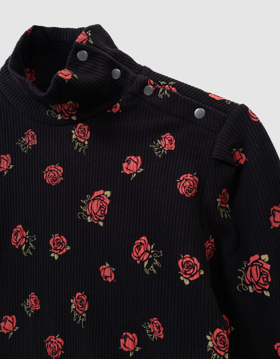 zwart geribbeld t-shirt met lange mouwen voor meisjes met rozenprint