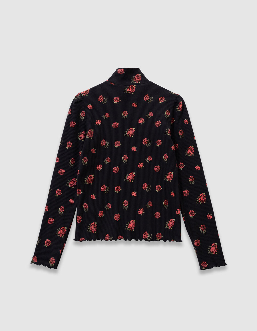 zwart geribbeld t-shirt met lange mouwen voor meisjes met rozenprint