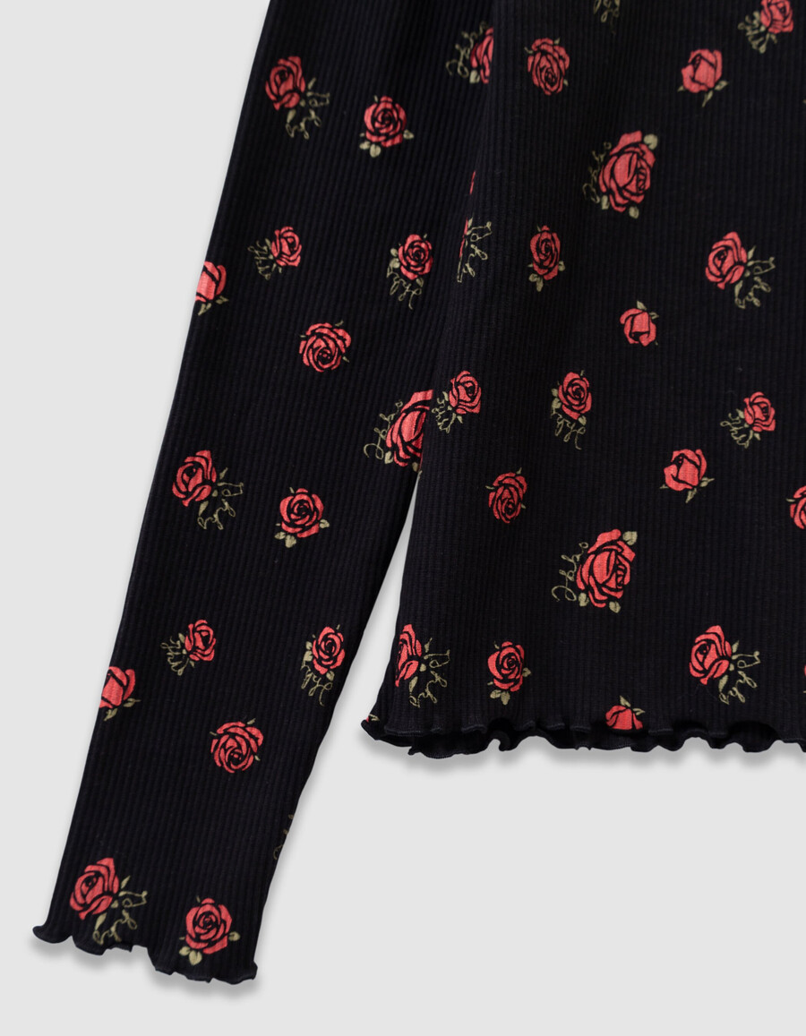 zwart geribbeld t-shirt met lange mouwen voor meisjes met rozenprint