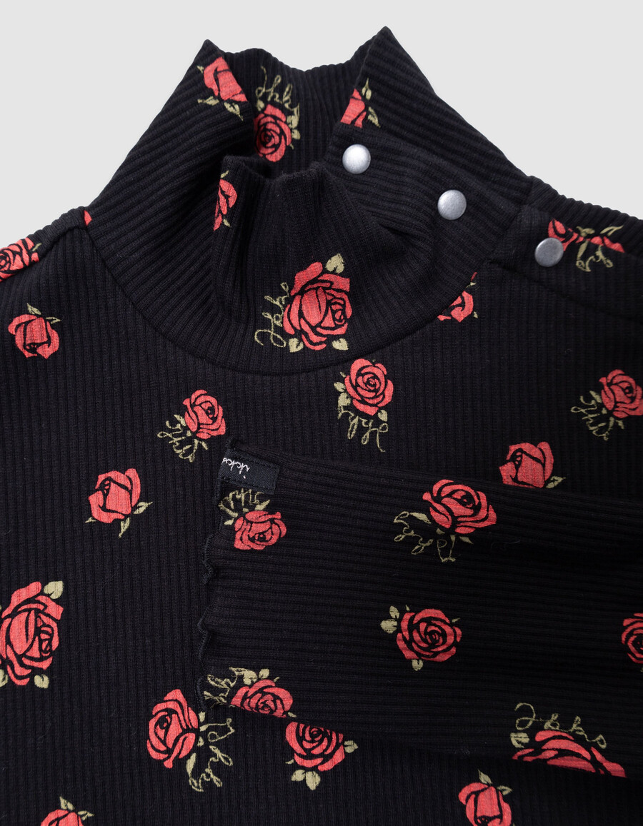 zwart geribbeld t-shirt met lange mouwen voor meisjes met rozenprint