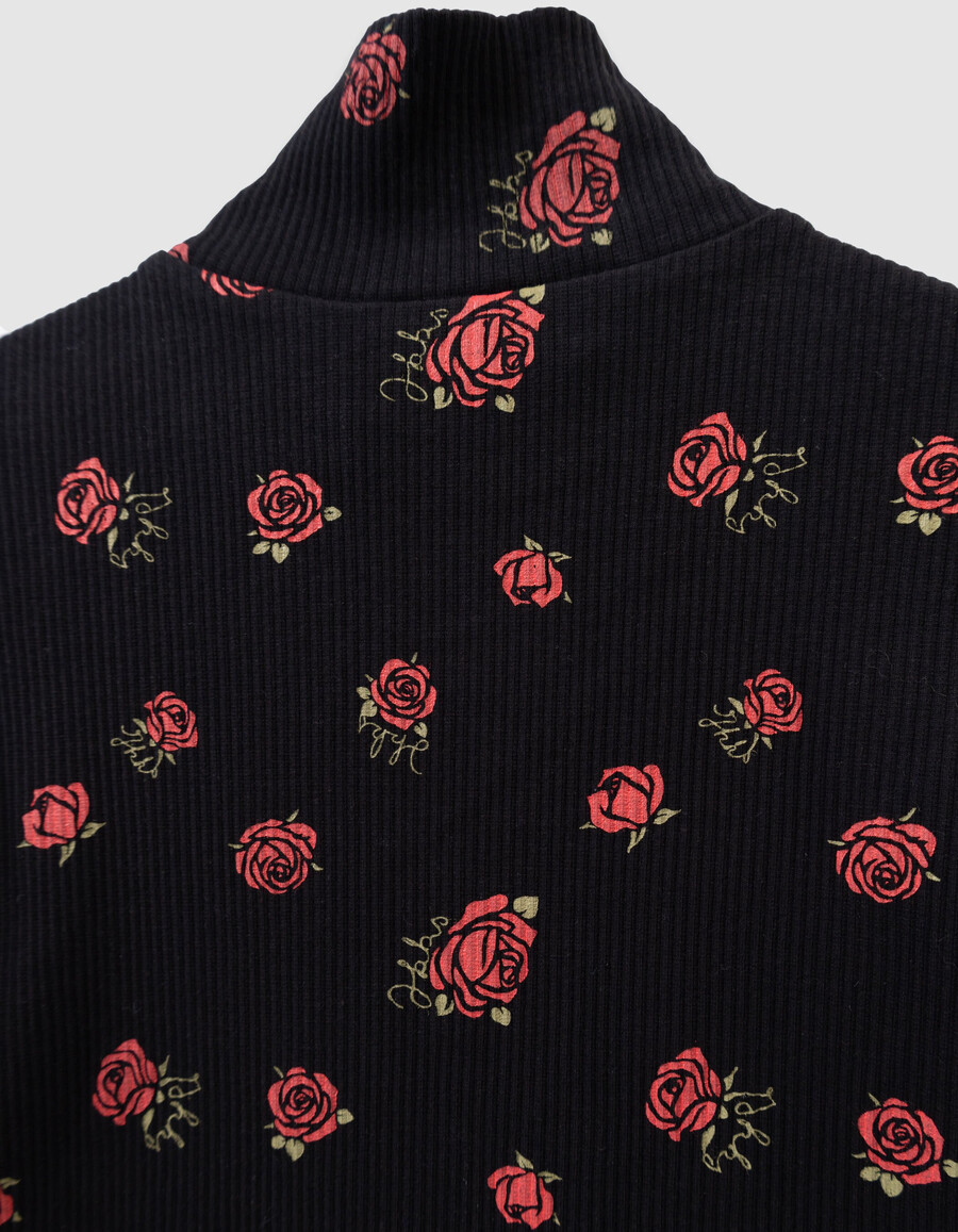 zwart geribbeld t-shirt met lange mouwen voor meisjes met rozenprint