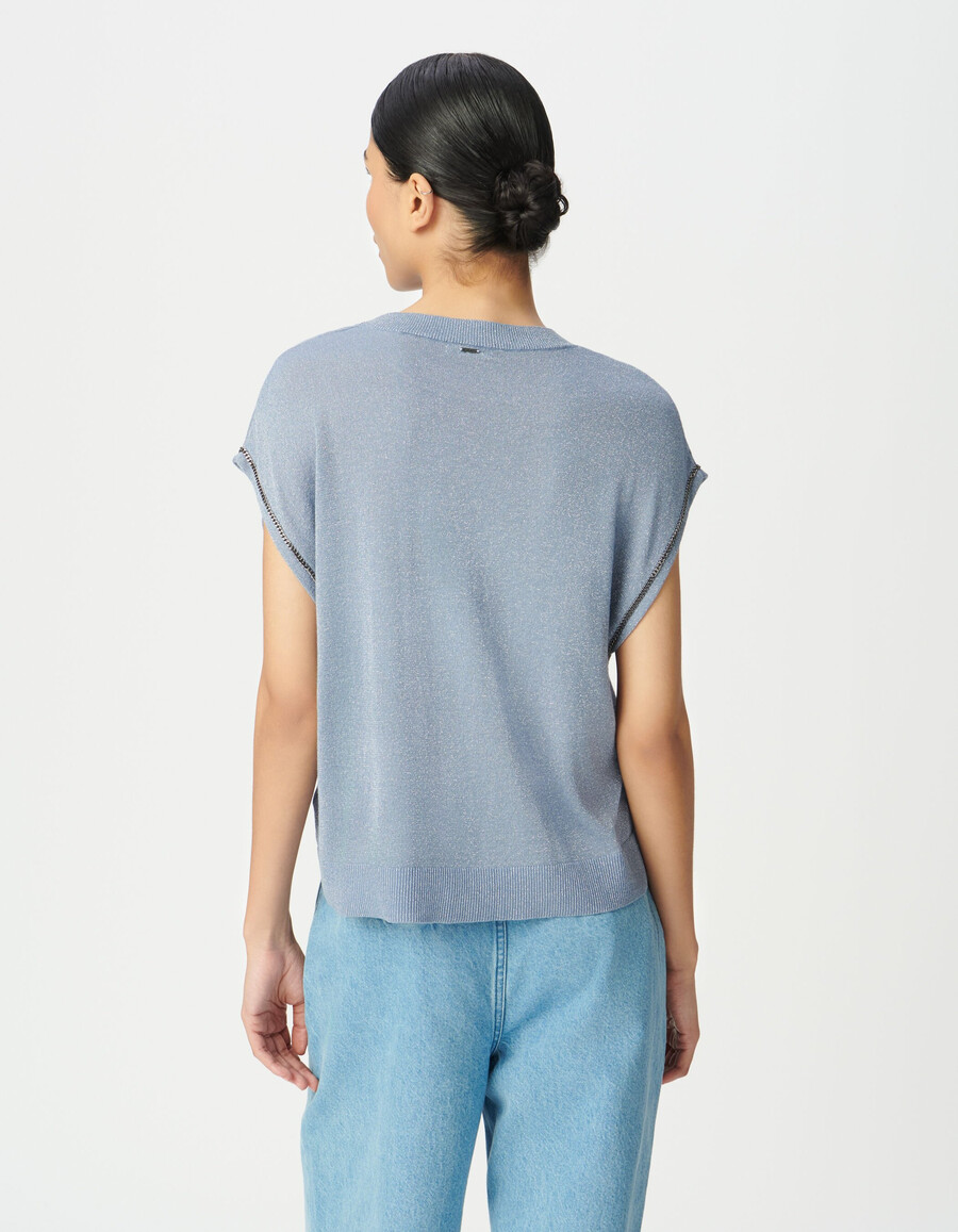 damestrui van fijn lurexbreisel in blauw met kettingdetails