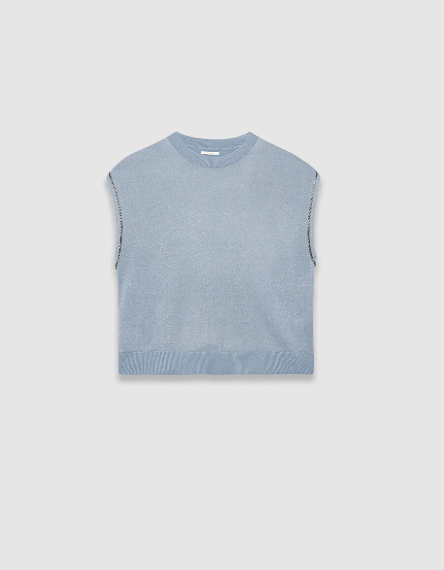 damestrui van fijn lurexbreisel in blauw met kettingdetails