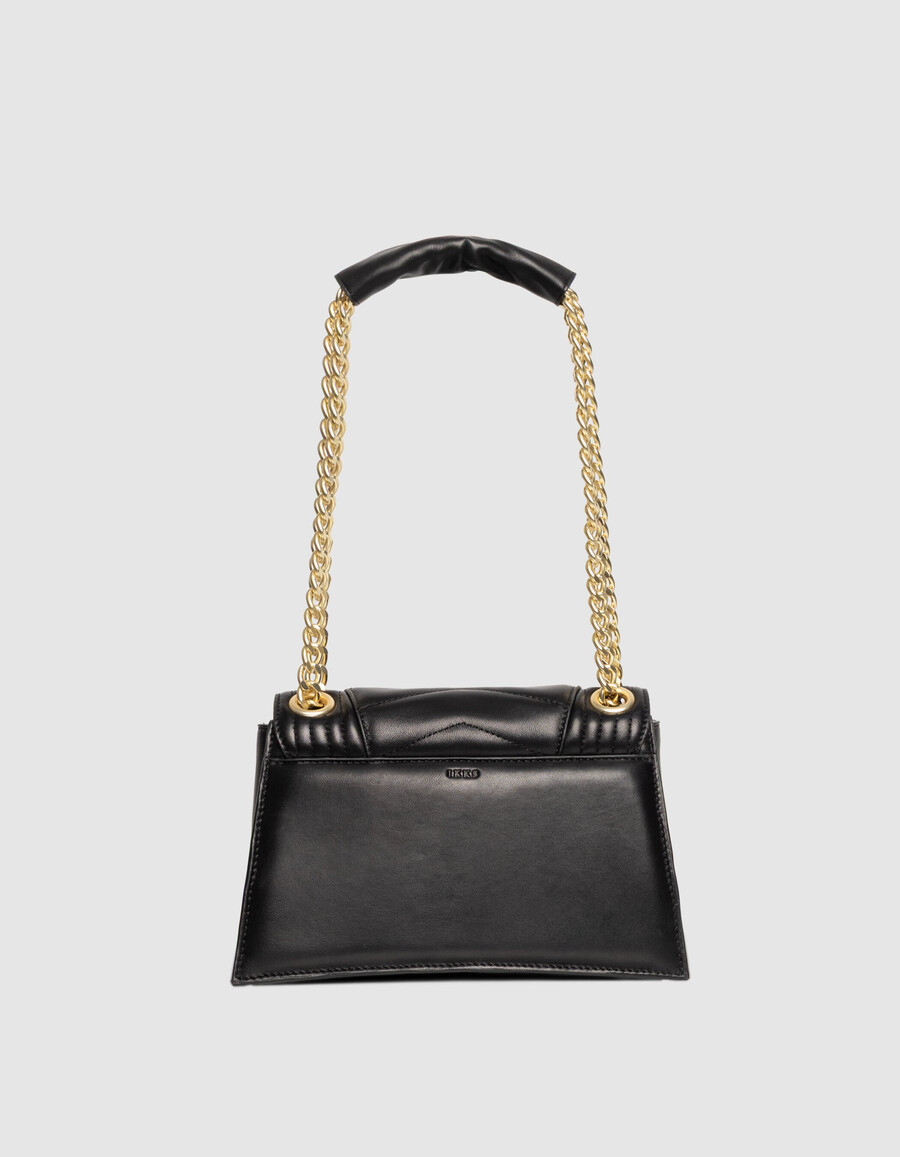 damestas van zwart leer maat m met goudkleurige metalen details.
