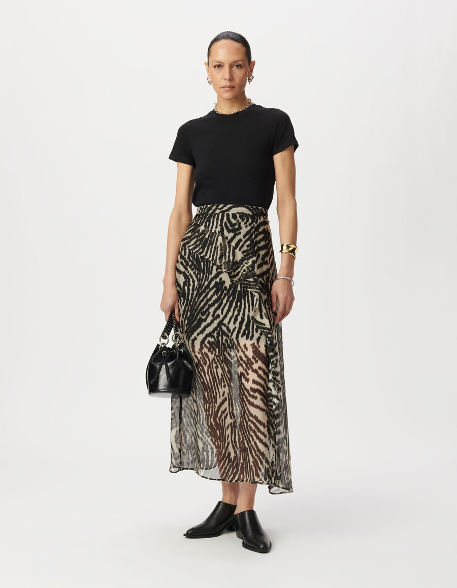 lange zwarte damesrok met ruches en zebraprint