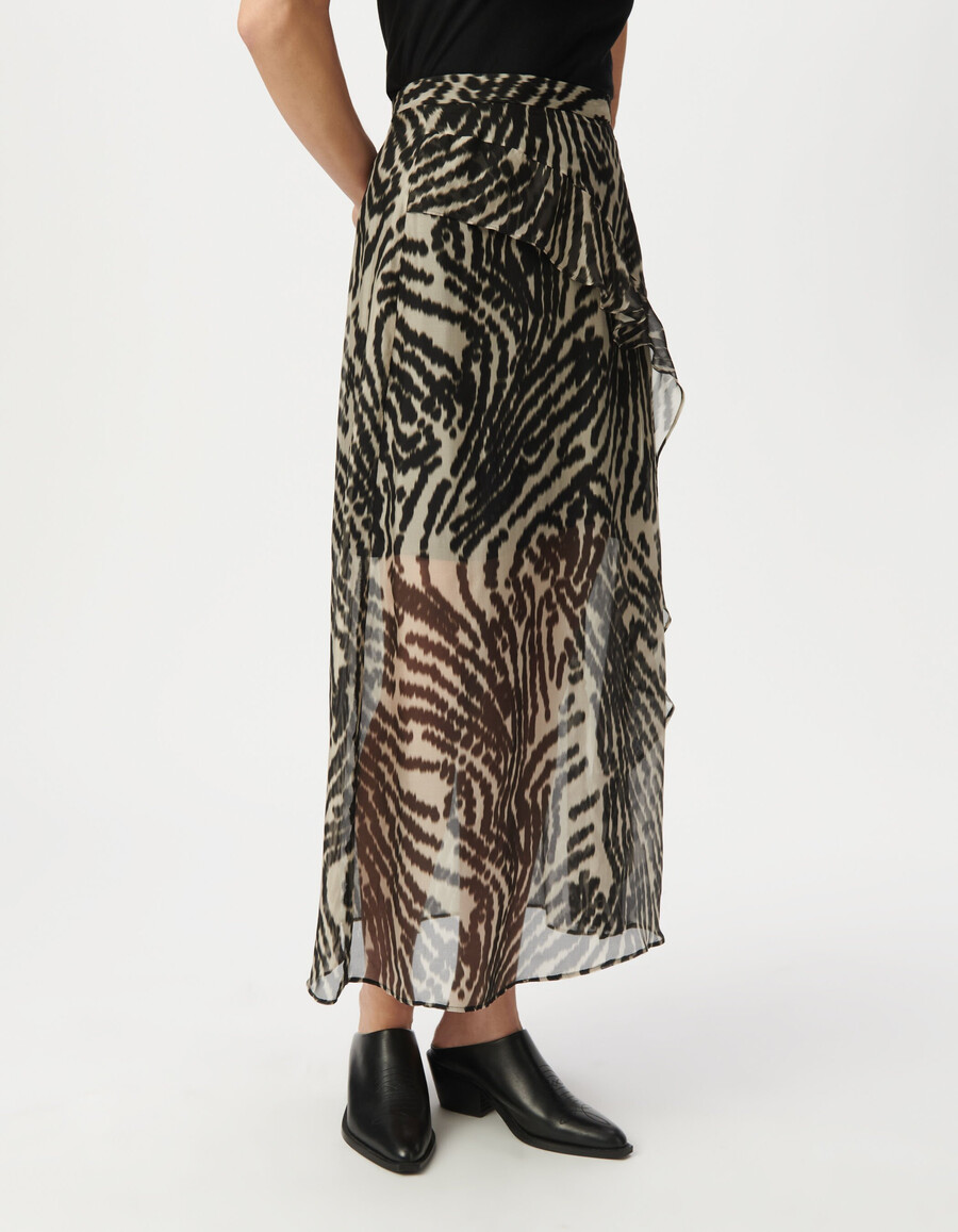lange zwarte damesrok met ruches en zebraprint