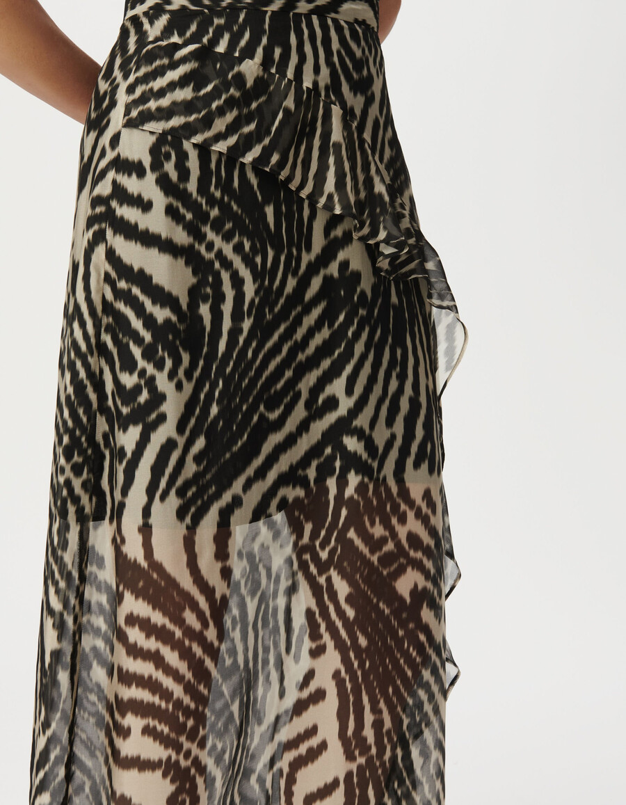 lange zwarte damesrok met ruches en zebraprint