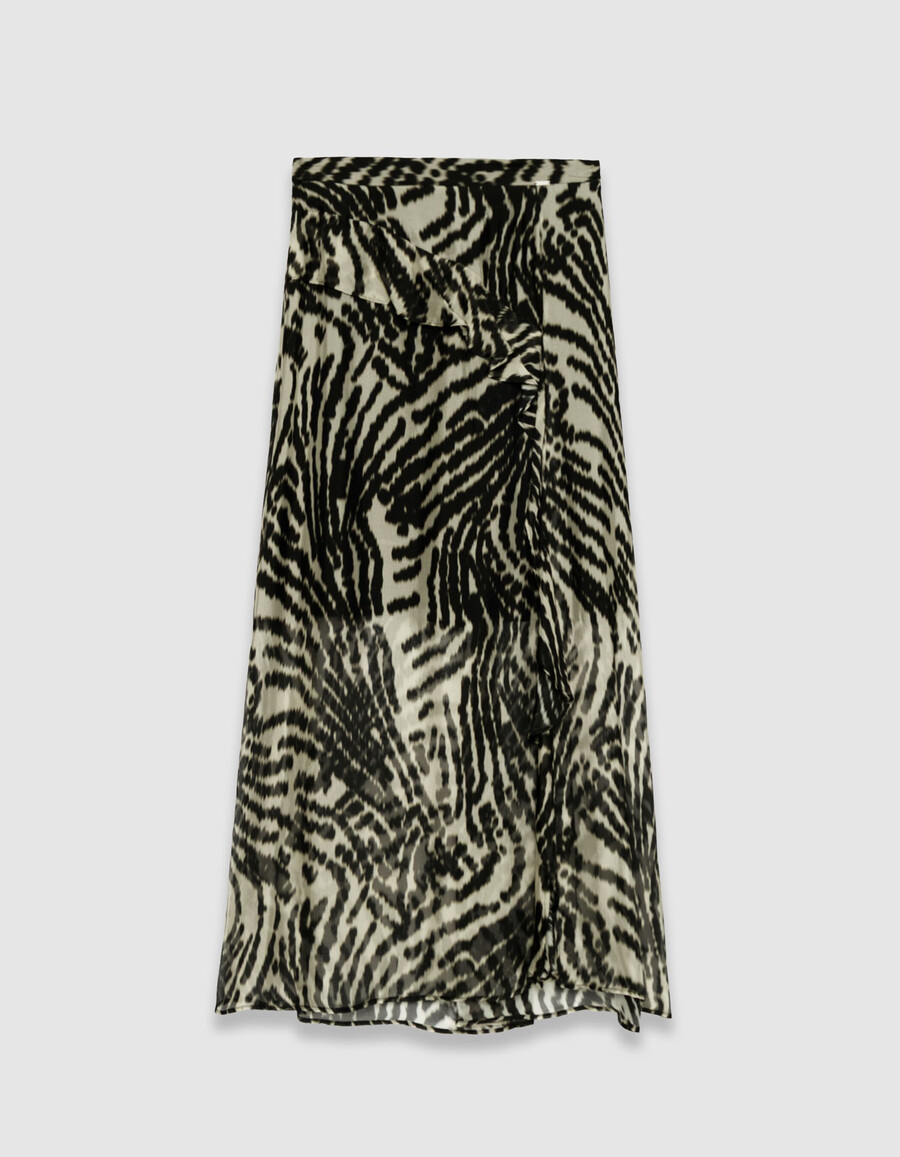 lange zwarte damesrok met ruches en zebraprint