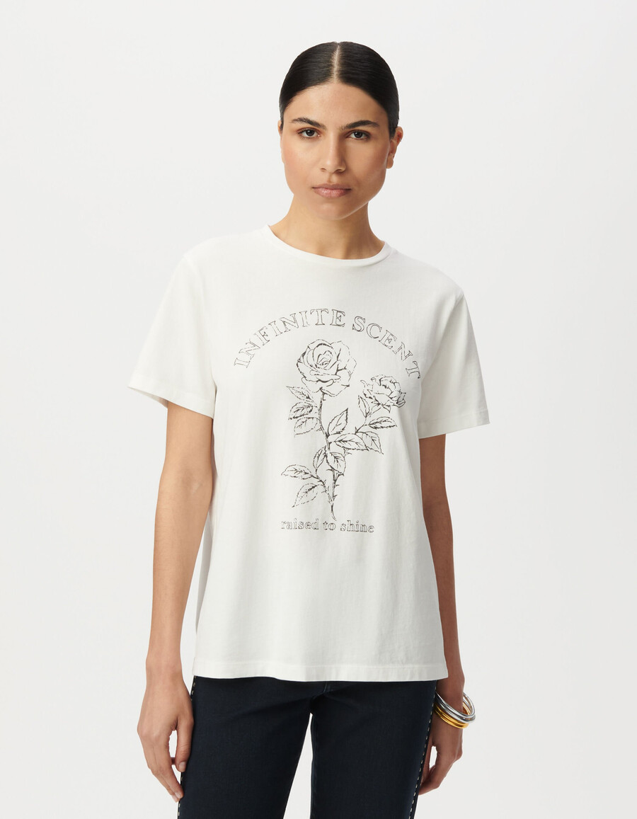 dames t-shirt van biologisch katoen wit met slogan en rozen.