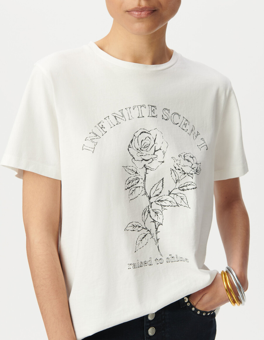 dames t-shirt van biologisch katoen wit met slogan en rozen.
