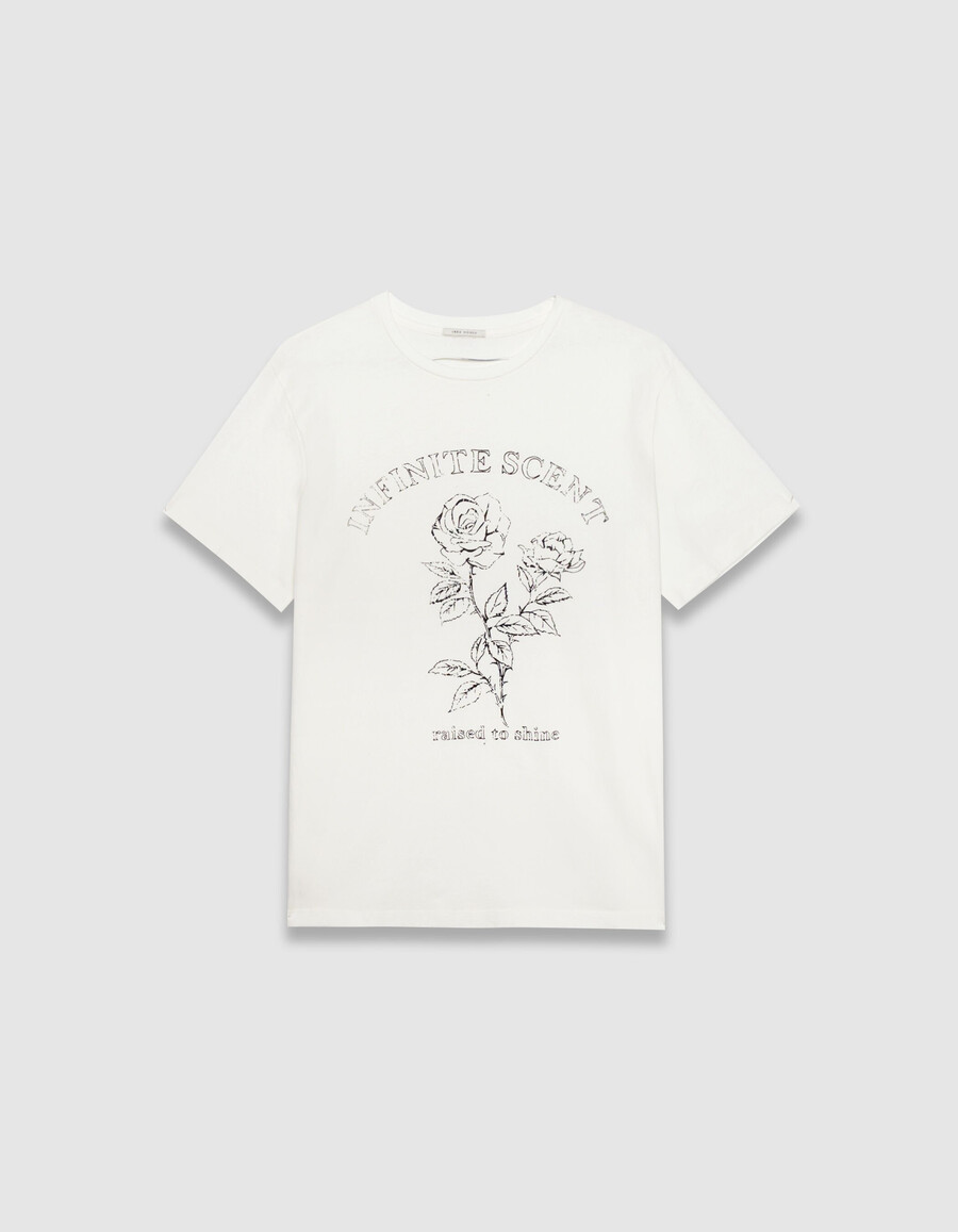 dames t-shirt van biologisch katoen wit met slogan en rozen.