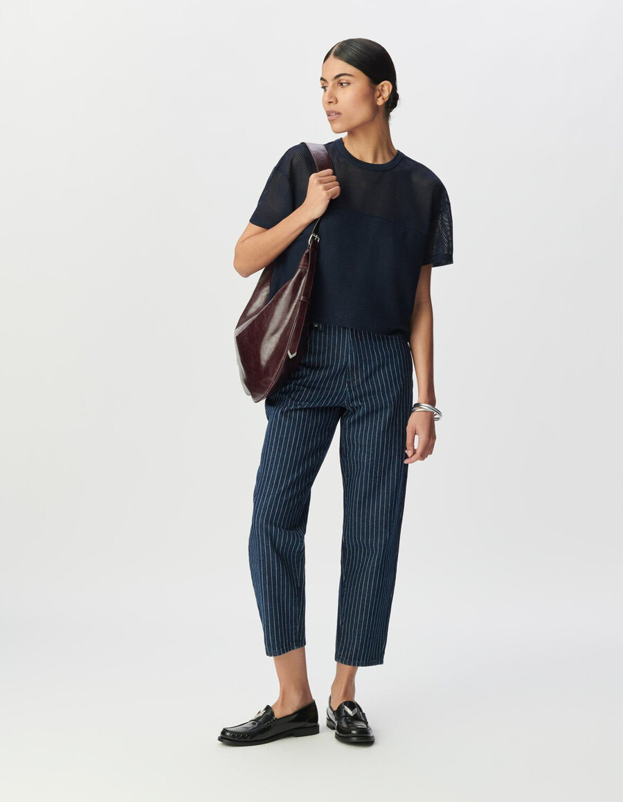 dames t-shirt van marineblauw mesh met reliëf