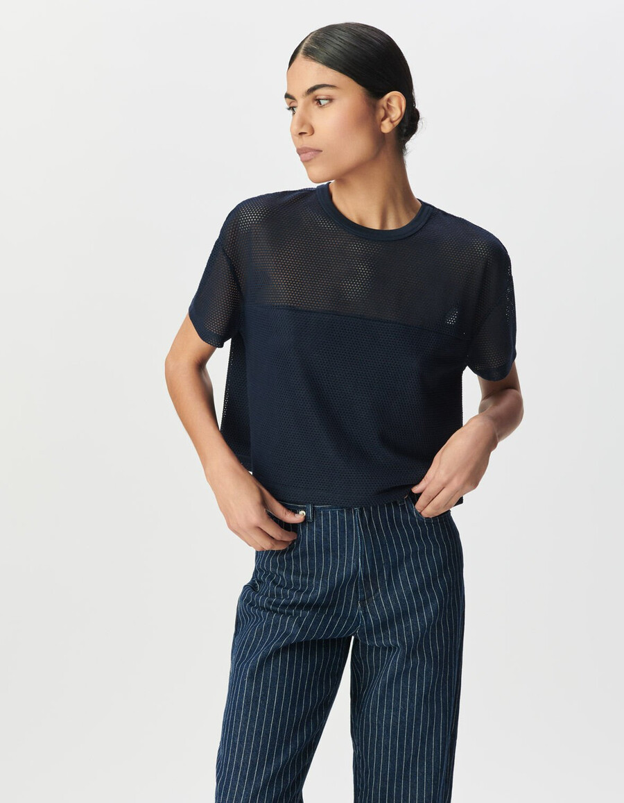 dames t-shirt van marineblauw mesh met reliëf