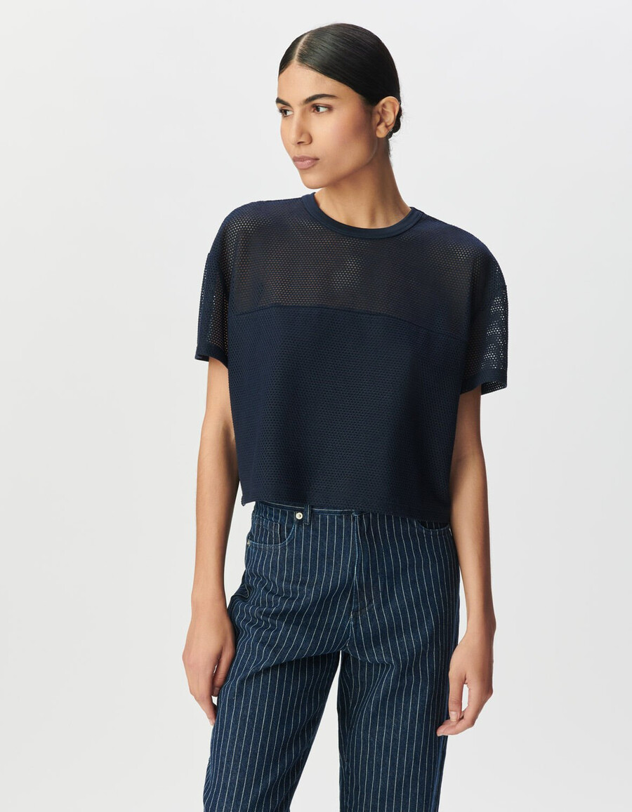 dames t-shirt van marineblauw mesh met reliëf