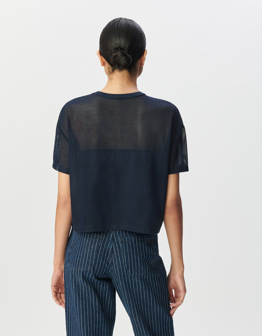 dames t-shirt van marineblauw mesh met reliëf