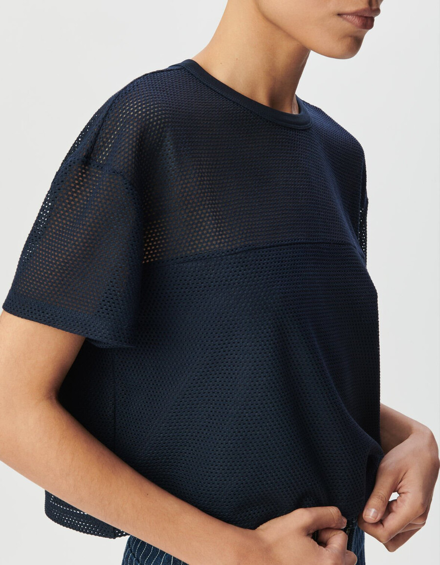 dames t-shirt van marineblauw mesh met reliëf